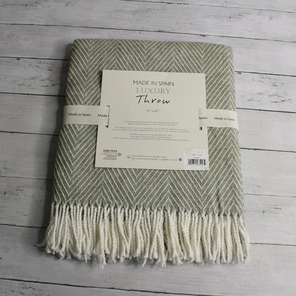 Made in Spain Throw Blanket Olive Green Cream Herringbone Fringe Cotton Blend